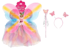 Kostum Metulj vsebuje krilo, metuljeva krila, palico, naglavni trak